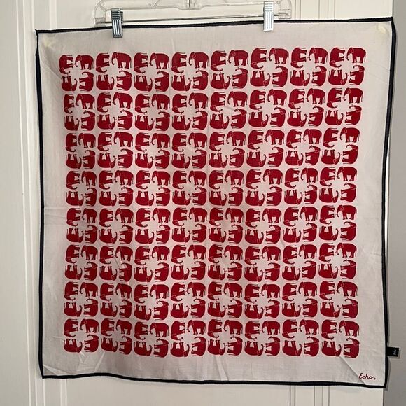 Vtg  Echo large white thin cotton square scarf with red elephants & blue border - Picture 1 of 9